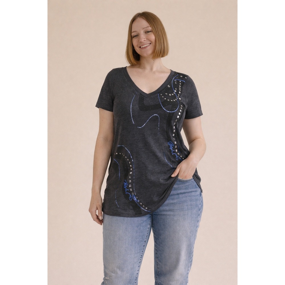 Cruel Girl V-Neck‎ Top Women Size Medium Gray Studded Graphic Western Rocker Tee